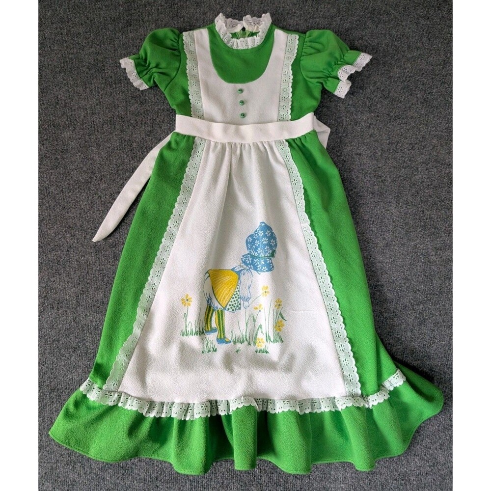Vintage Girls Pinafore Dress Holly Hobby Praire Cottagecore Green Lace